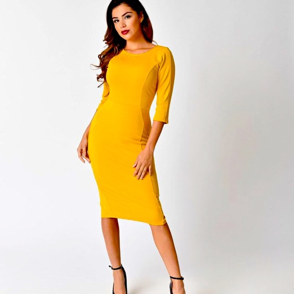 Unique Vintage Mod 60s Wiggle Pencil Dress mustard goldenrod yellow pinup - Picture 1 of 17